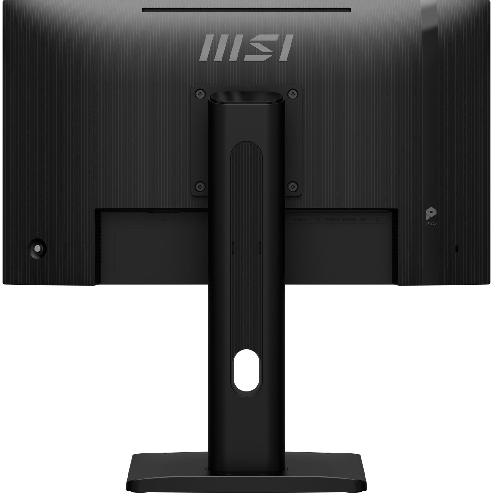 Retro di un monitor MSI nero con supporto e porte.