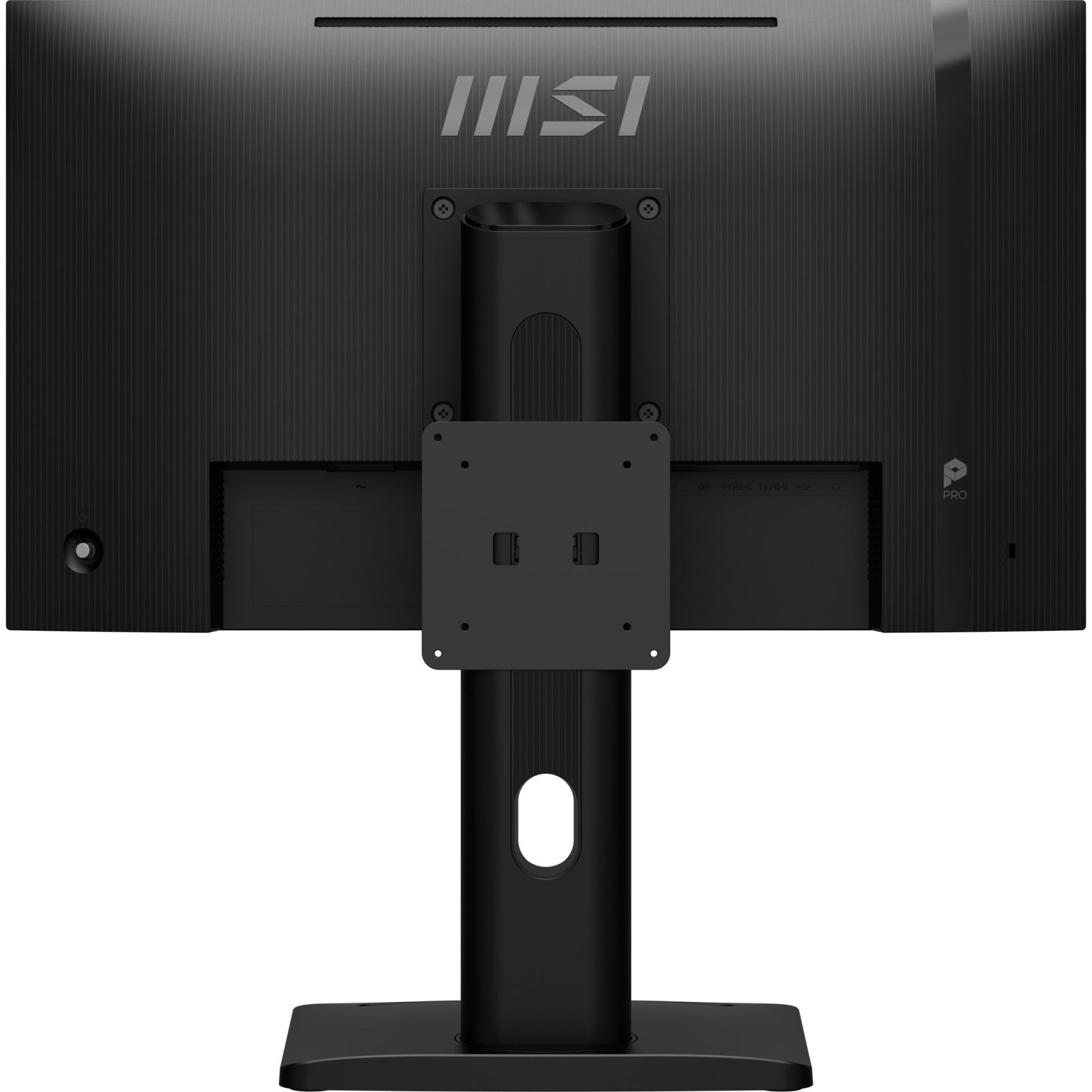 Retro di un monitor MSI nero con supporto VESA e porte.