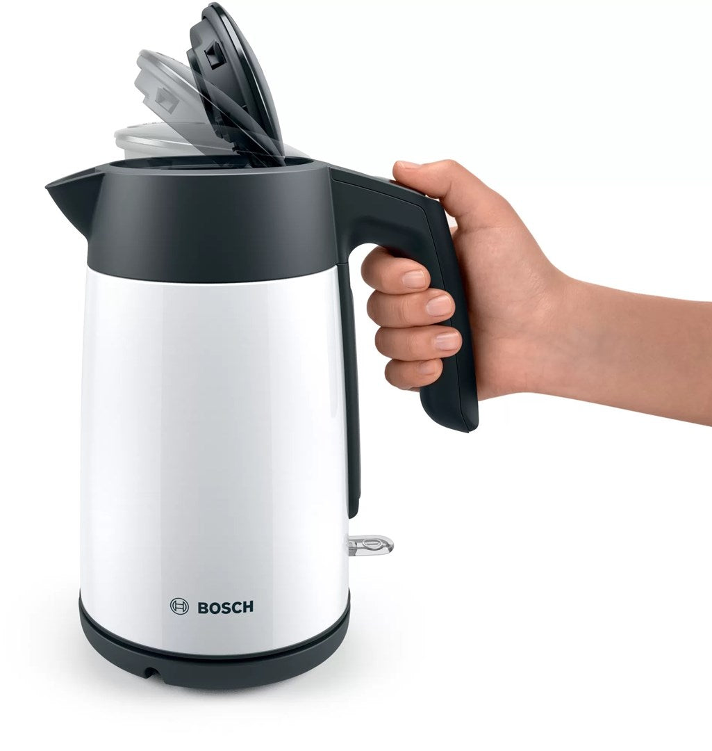 Una mano apre il coperchio di un bollitore elettrico Bosch bianco.