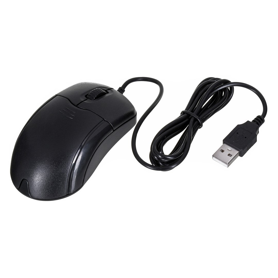 Schwarze USB-Computermaus mit Scrollrad und Kabel.