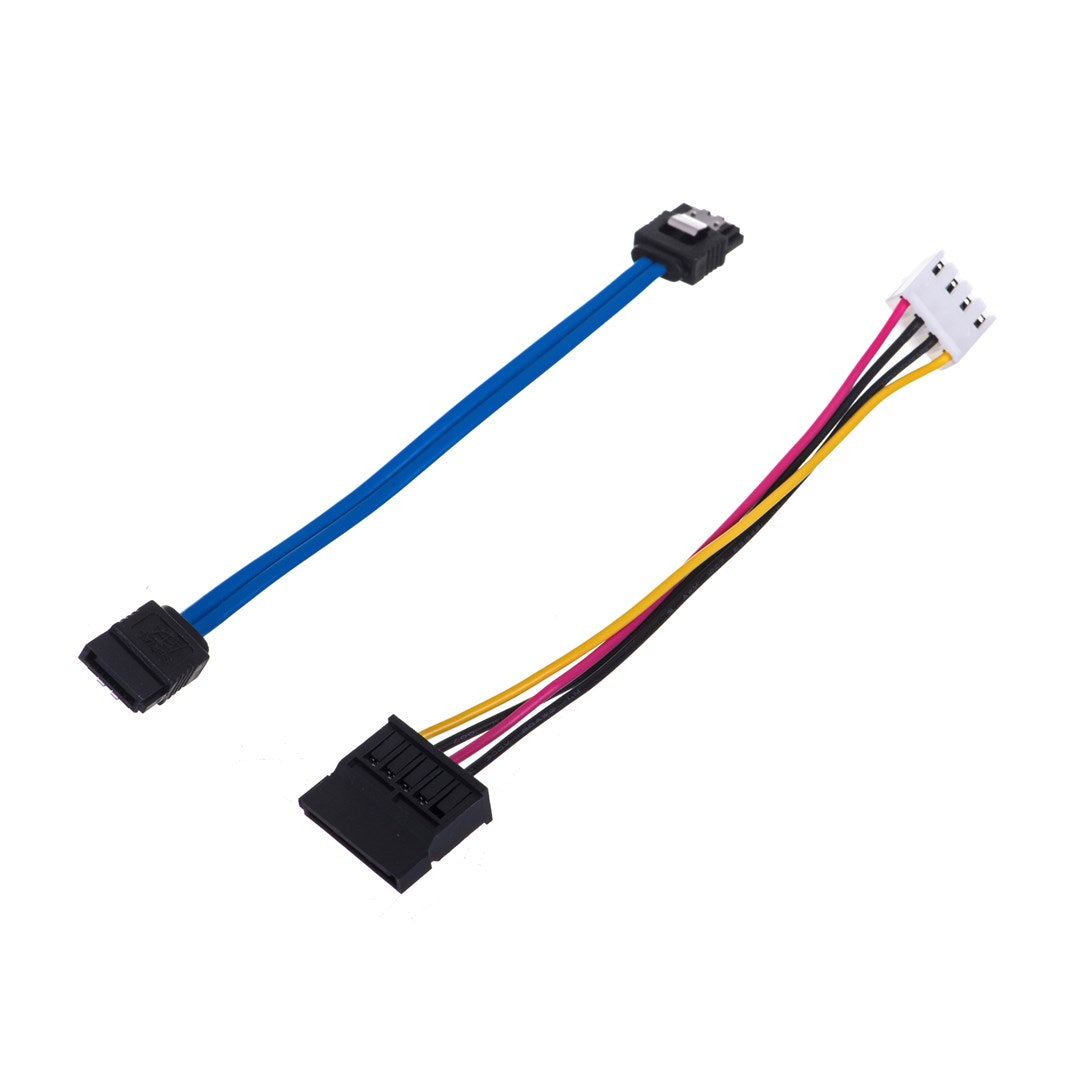Un cable de datos SATA azul y un cable de alimentación con cables negros, amarillos y rosas.