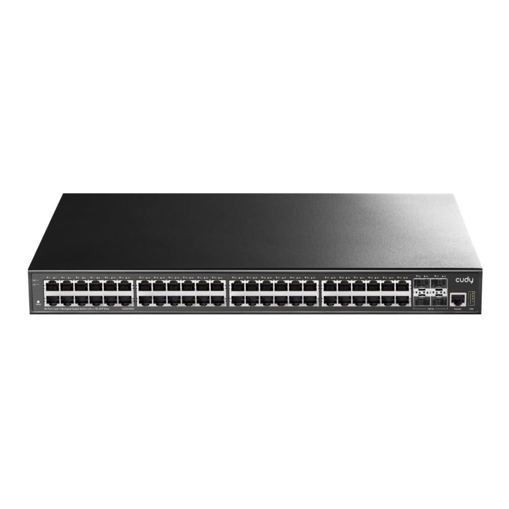 Schwarzer Cudy Netzwerk-Switch mit vielen Anschlüssen auf der Vorderseite.