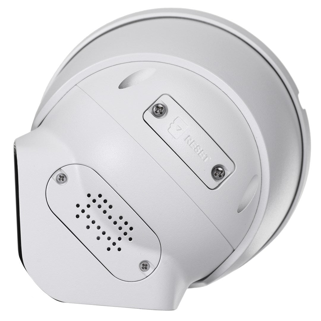 Una telecamera di sicurezza bianca con pulsante di reset e griglia dell'altoparlante.