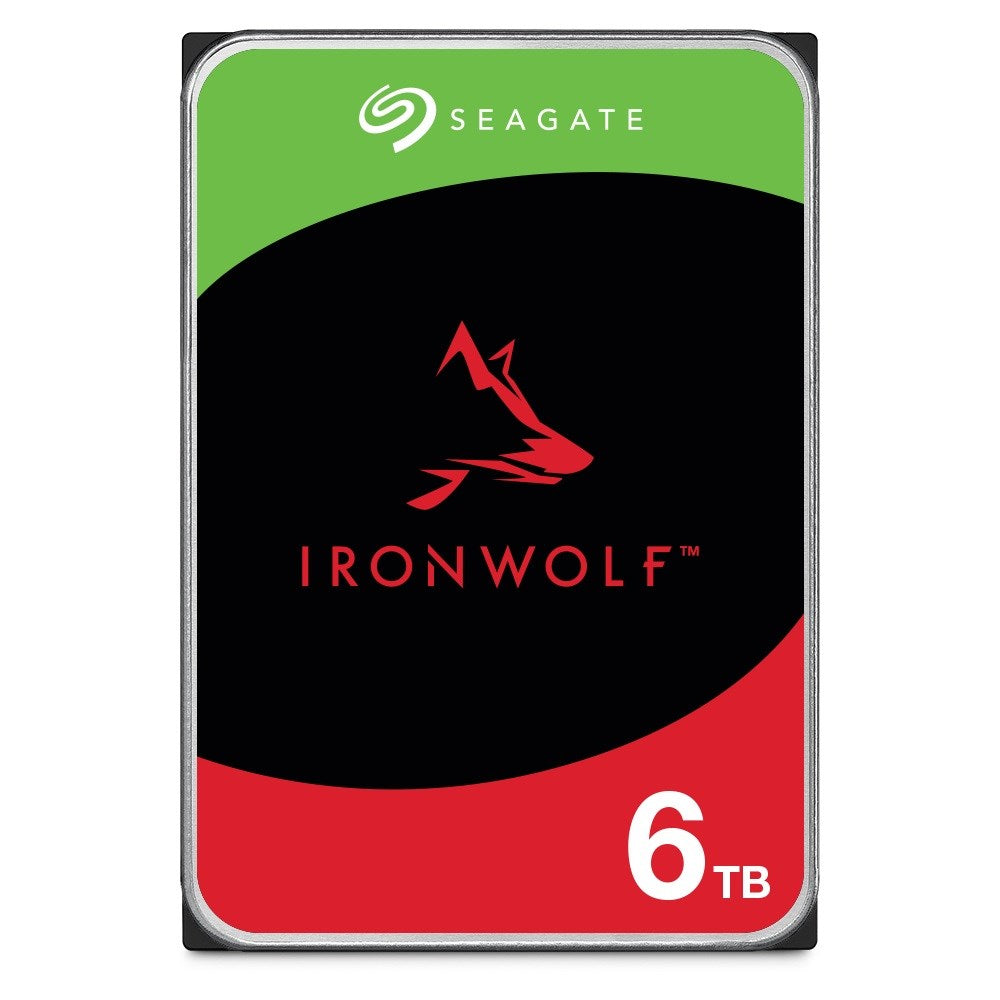 Seagate IronWolf 6TB hard drive with red wolf head logo and green/red top.