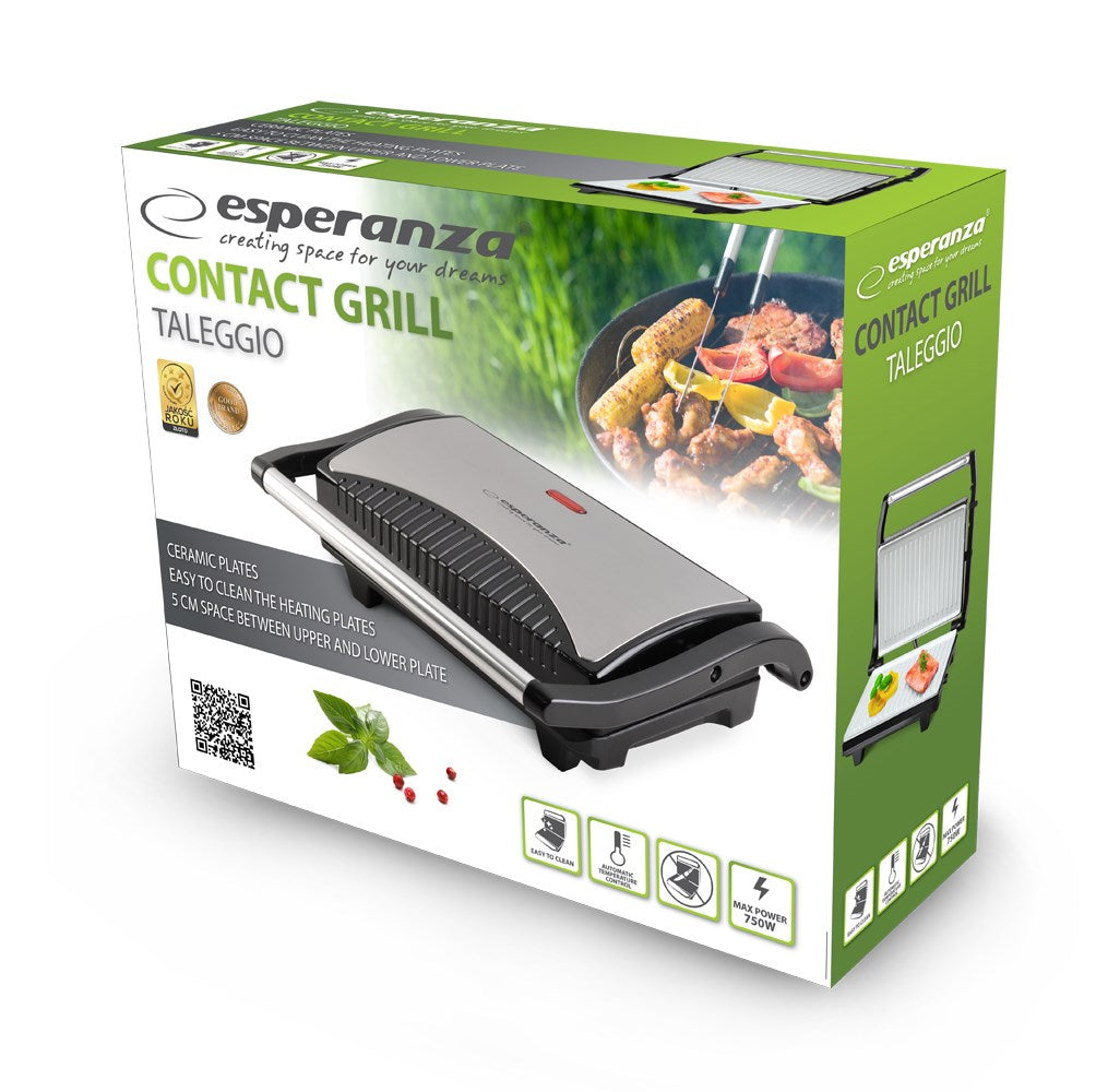 Esperanza Kontaktgrill Taleggio, silber/schwarz, mit Kochbild und Symbolen.