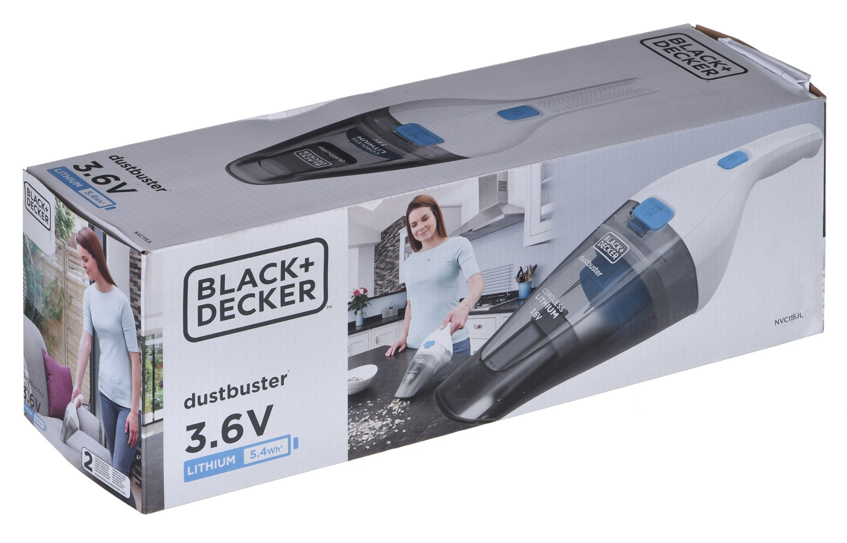 Boîte d'un aspirateur Black+Decker 3,6V avec une femme l'utilisant.