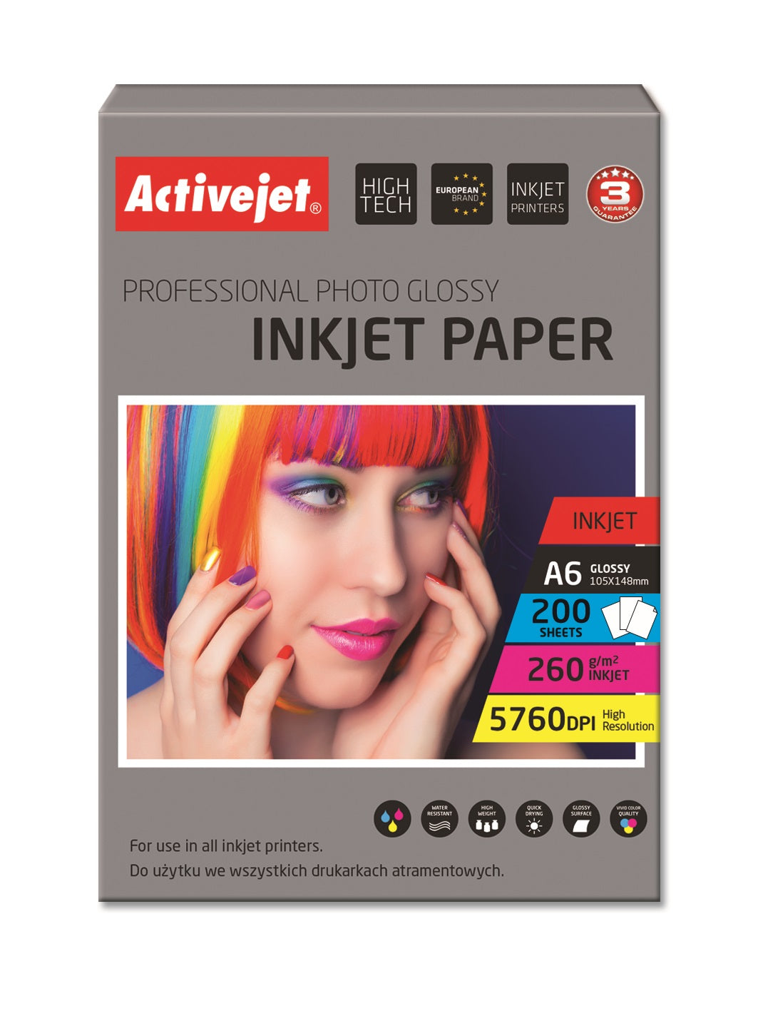 Opakowanie papieru fotograficznego do drukarek atramentowych z kolorowymi włosami.