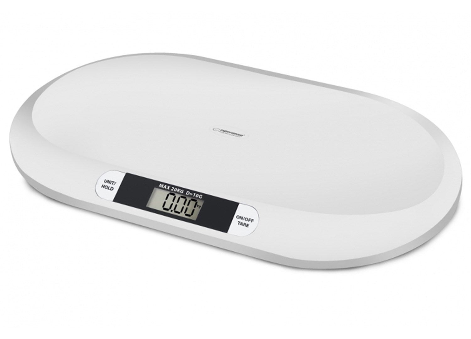 Eine weiße Babywaage mit einem digitalen Display, das 0,00 anzeigt.