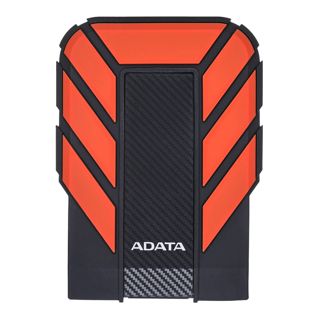 Black external hard drive with orange accents and ADATA logo.