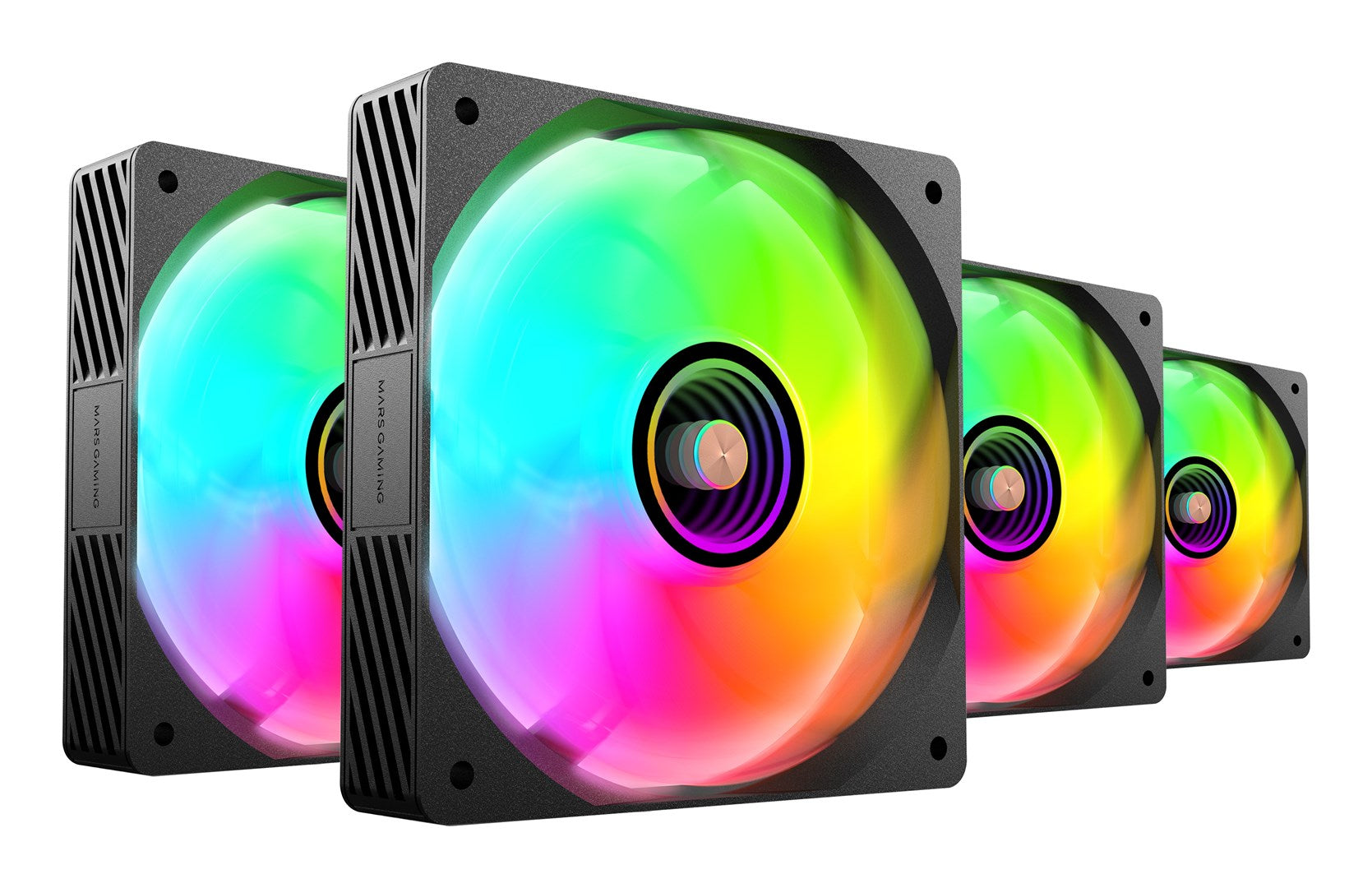 Cuatro ventiladores negros para PC con luces RGB coloridas, uno al lado del otro.