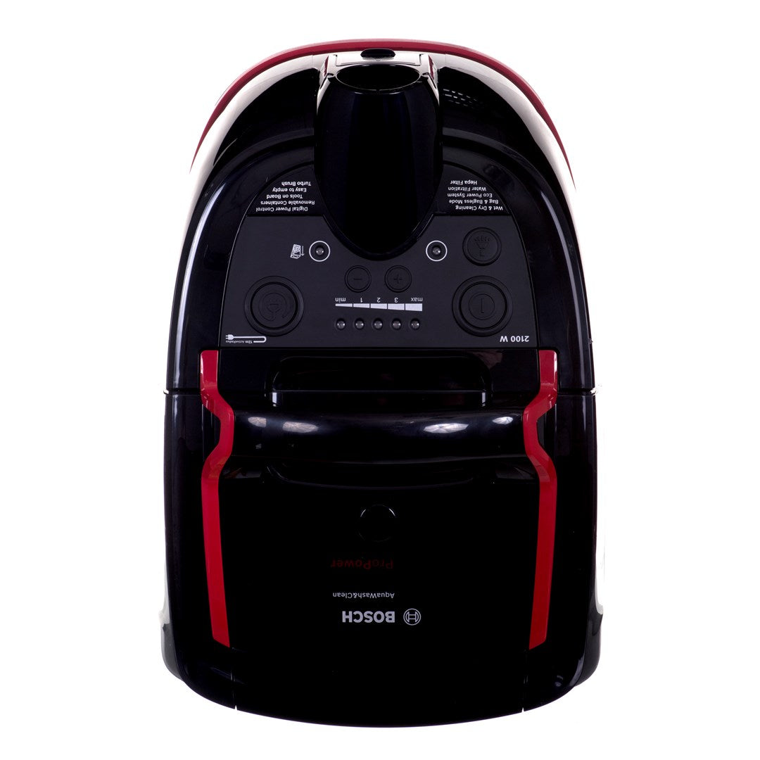 Aspirateur Bosch noir avec accents rouges et panneau de contrôle.