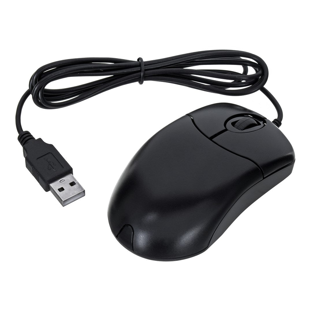 Schwarze USB-Maus mit Scrollrad und Kabel auf weißem Hintergrund.