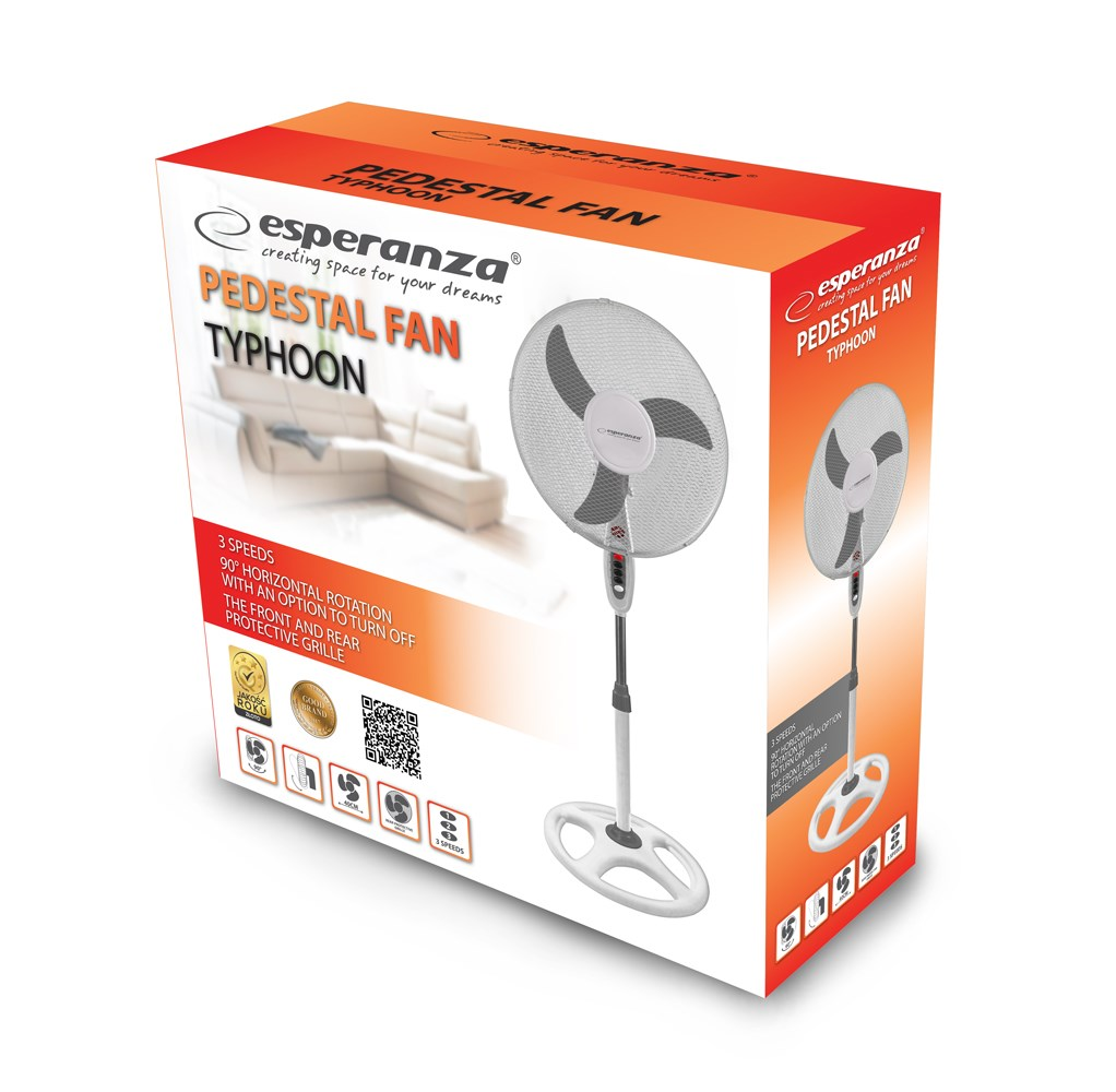 Ein weißer Standventilator mit schwarzem Ständer auf einer Verpackung.