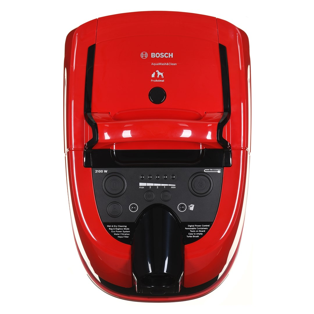 A red Bosch vacuum cleaner with control panel and text.
