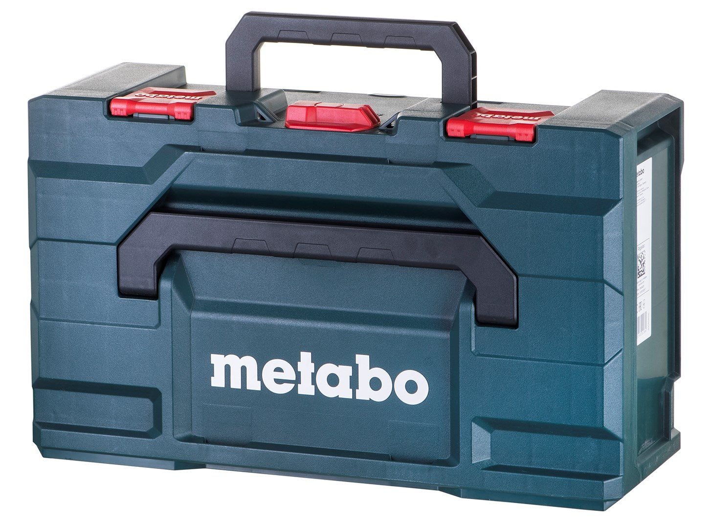 Ein dunkelgrüner Werkzeugkasten mit rotem Griff und Metabo-Logo.