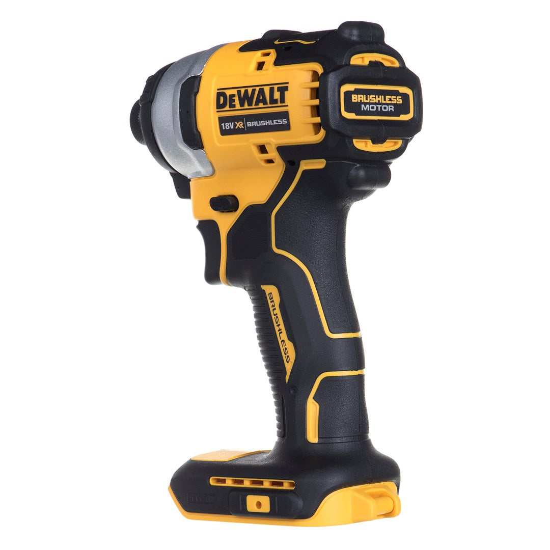 Ein gelber und schwarzer DeWalt Schlagbohrschrauber mit bürstenlosem Motor.