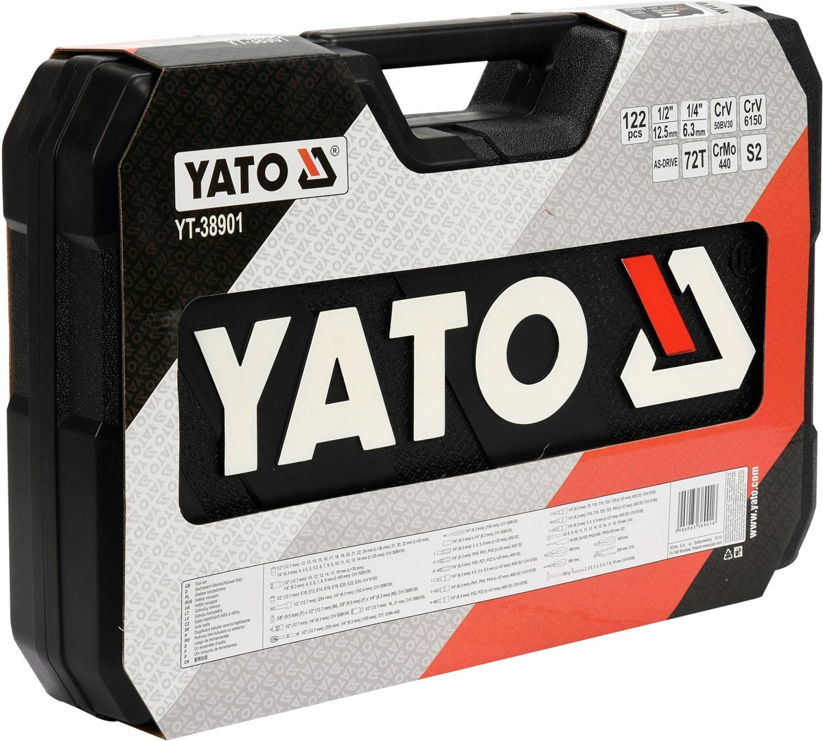 Czarna walizka narzędziowa z logo YATO i szczegółowymi danymi.