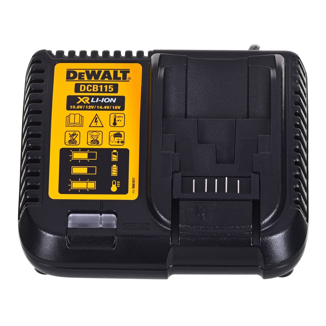 Czarna ładowarka DeWalt DCB115 do akumulatorów Li-ion ze wskaźnikami.