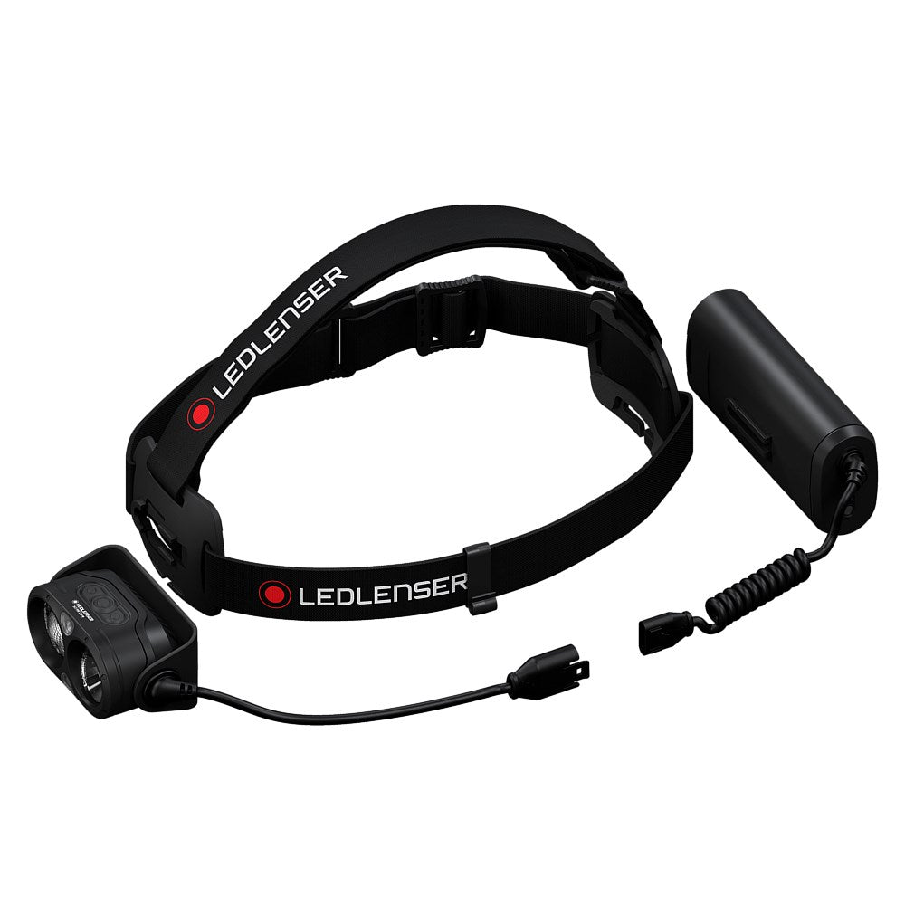 Lampada frontale Ledlenser nera con cinghia regolabile e pacco batteria.