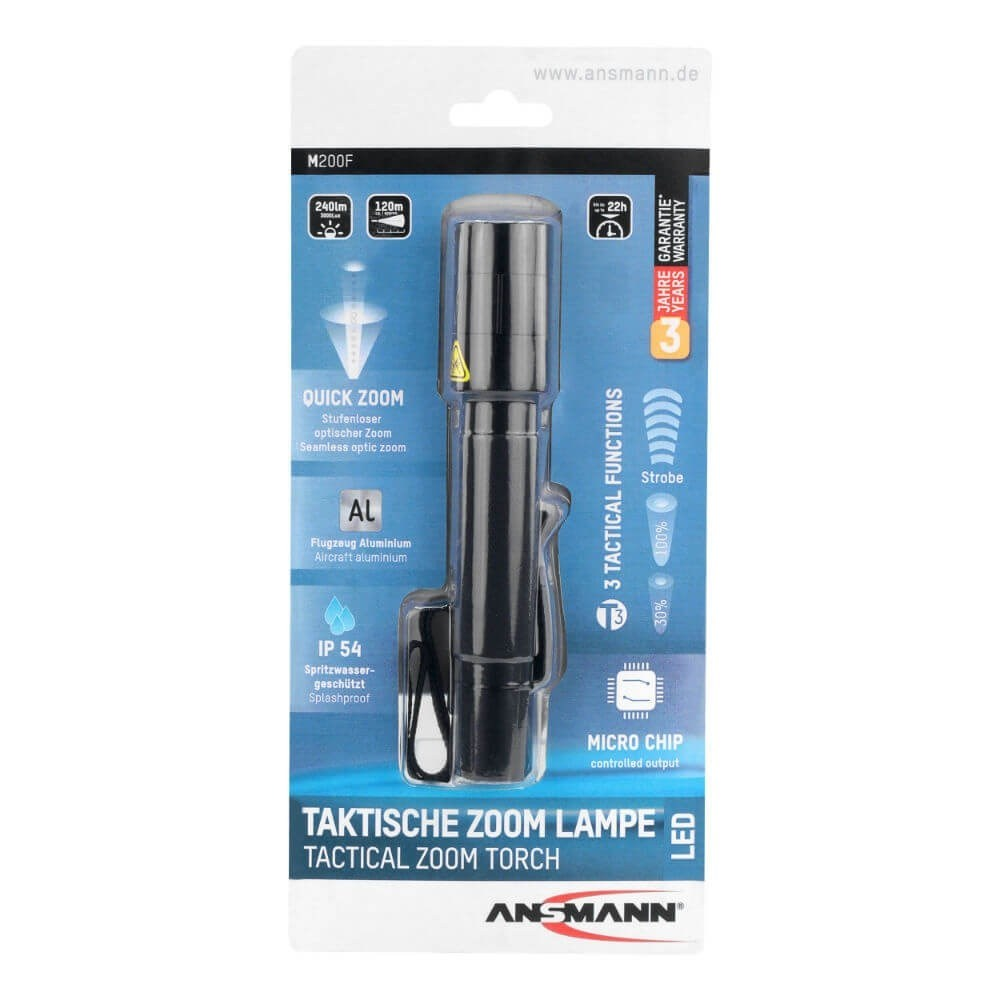 Schwarze taktische Zoom-Taschenlampe M200F mit AL-Gehäuse und IP54-Schutz.