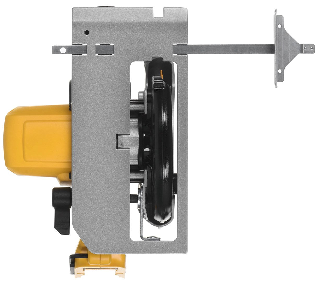 Detailansicht einer gelben und grauen Kreissäge mit schwarzer Klinge und Metallschutz.