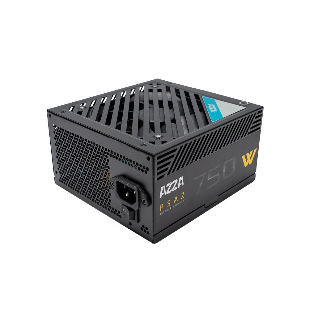 Black 750W power supply unit with top fan, vents, and ports.