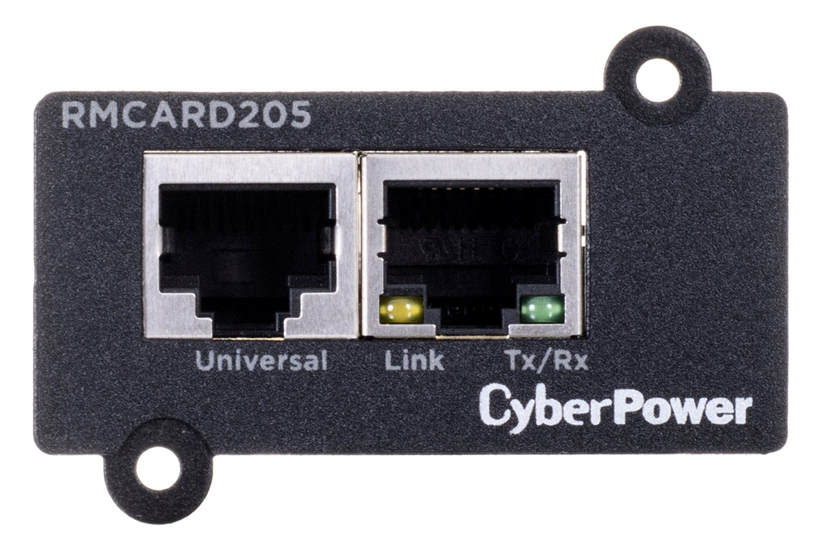 Czarny moduł RMcard205 z dwoma portami RJ45 i logo CyberPower.