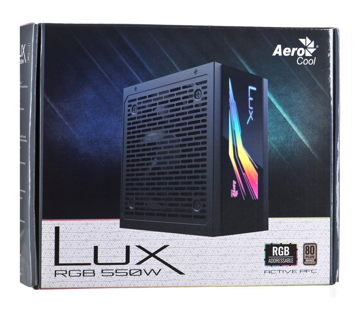 Doos van een Aerocool Lux RGB 550W voeding met RGB-verlichting.