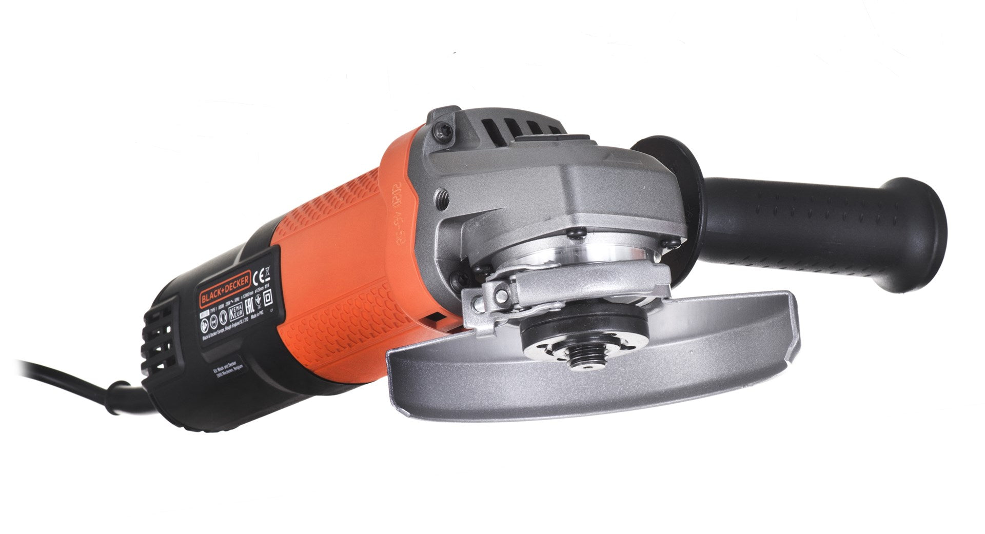 Orange and gray angle grinder with black handle and cord.