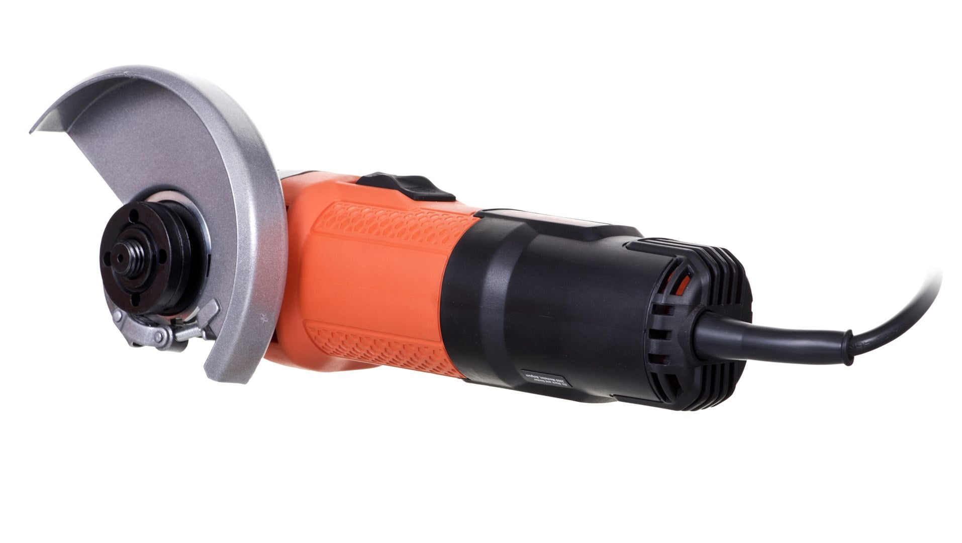 An orange angle grinder with a black handle and guard on a white background.