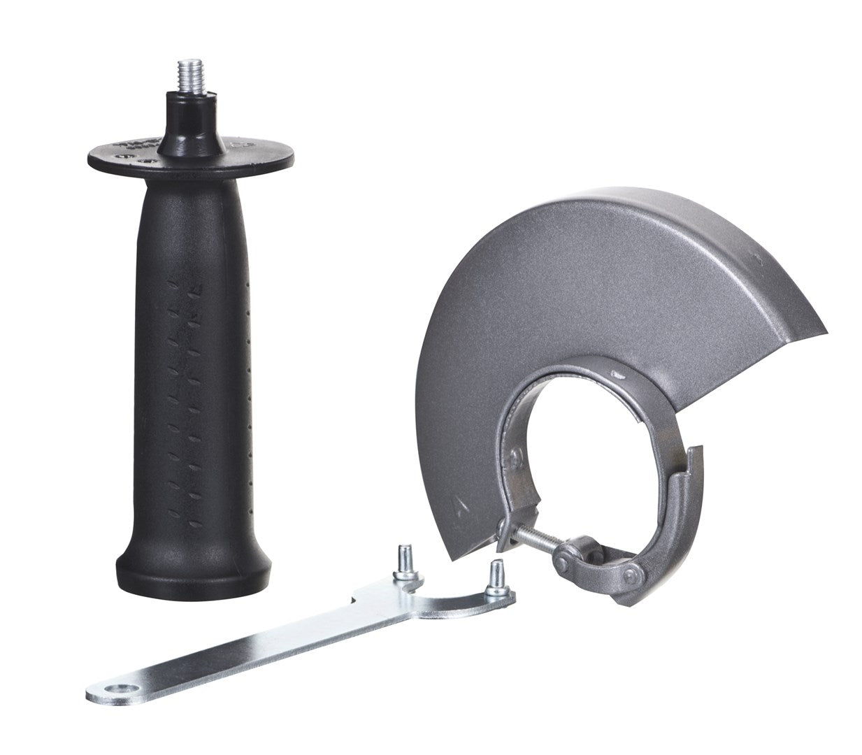 A black handle, a spanner, and a guard for an angle grinder, on white.