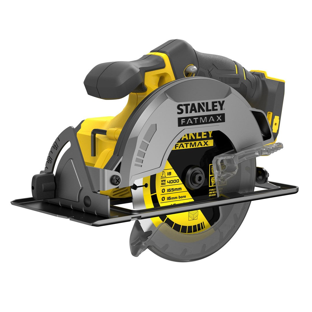 Ein gelber und schwarzer Stanley Fatmax Kreissäge mit Metallschutz.