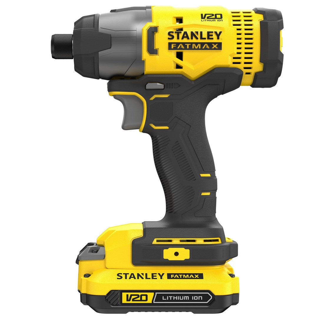 Ein gelber und schwarzer Stanley Fatmax V20 Akku-Schlagschrauber mit Akku.
