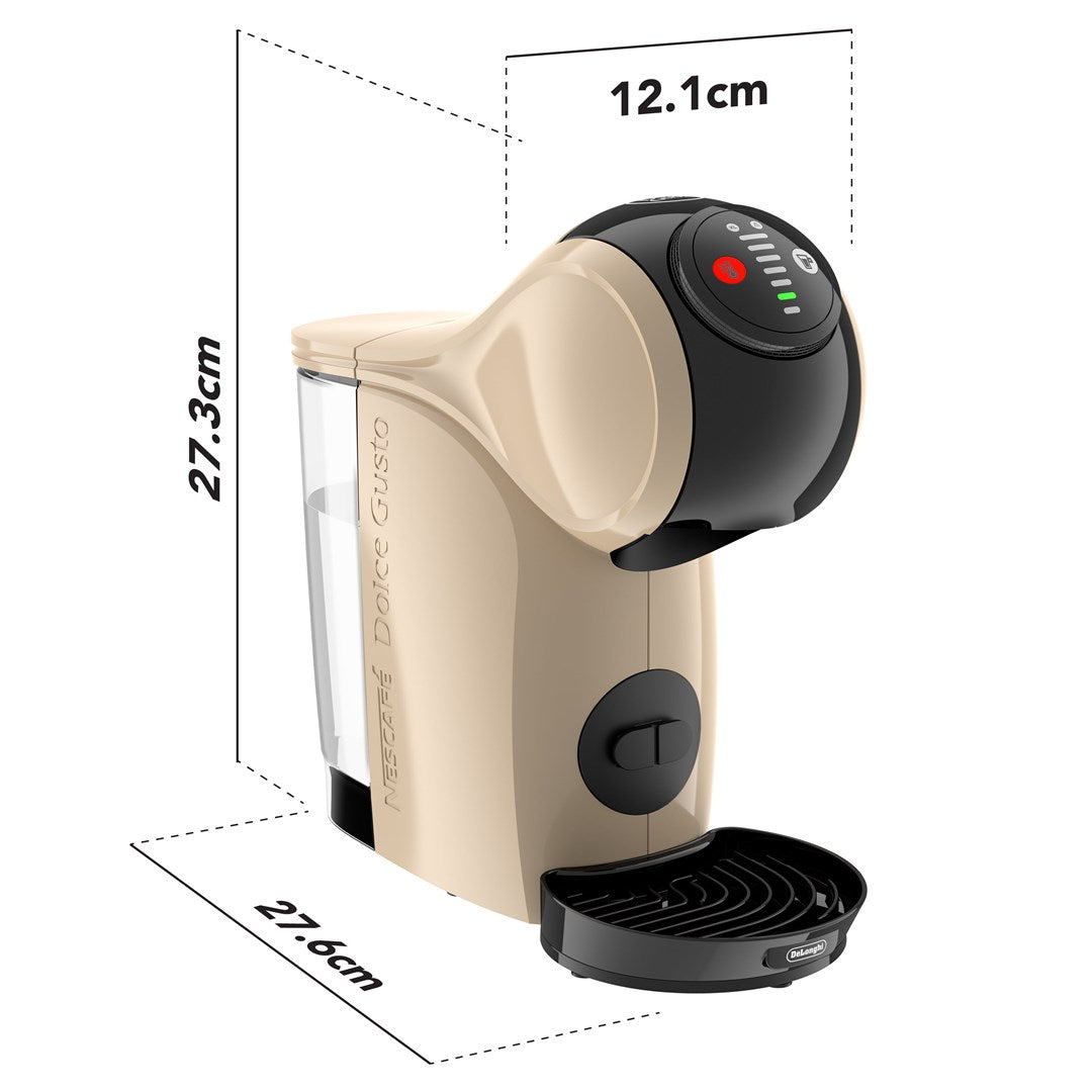 Beżowy ekspres do kawy Dolce Gusto z czarnymi akcentami i wymiarami.