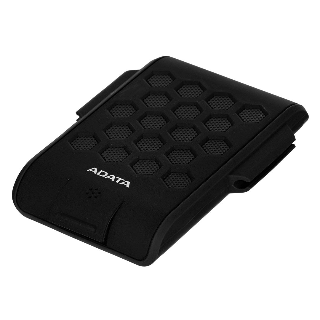 Disque dur externe ADATA noir avec motif hexagonal sur le dessus. Logo blanc à gauche.