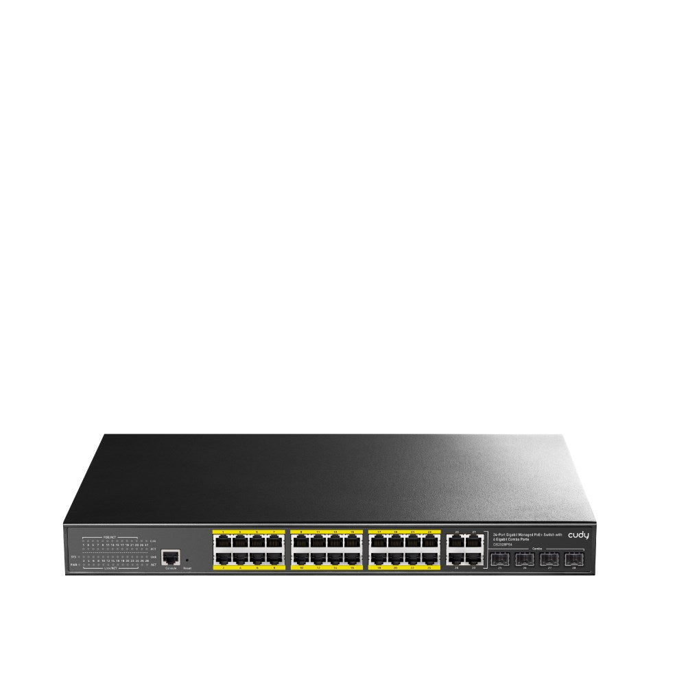 Uno switch di rete nero con 24 porte Ethernet e 4 porte combo.