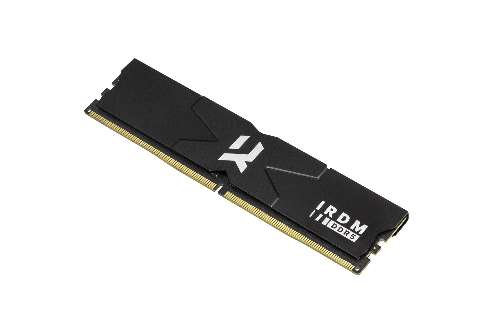 Czarny moduł RAM DDR5 ze złotymi stykami i białym logo.