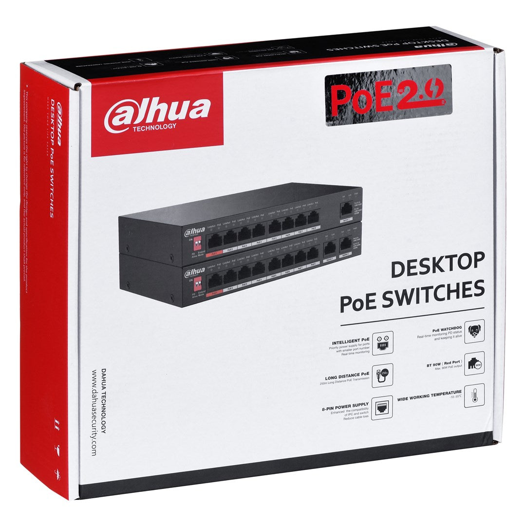 Scatola switch Dahua PoE desktop con due unità e funzionalità.