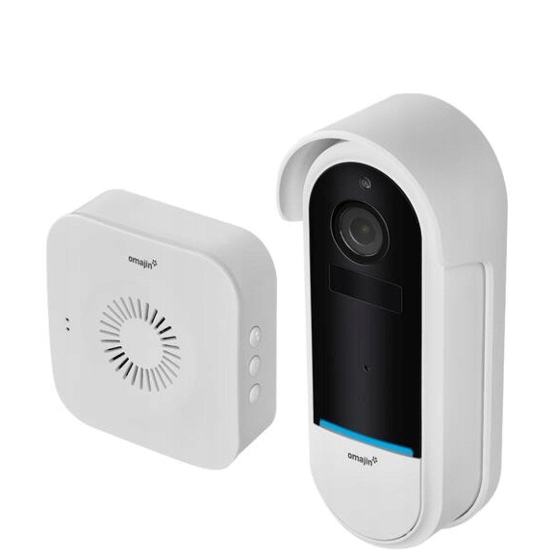 Un campanello bianco e una telecamera di sicurezza con cappuccio bianco.