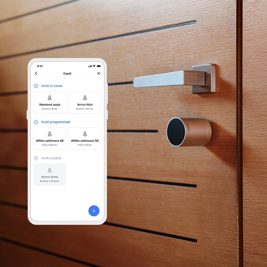 A smartphone displays guest invitations next to a door with a handle and lock.
