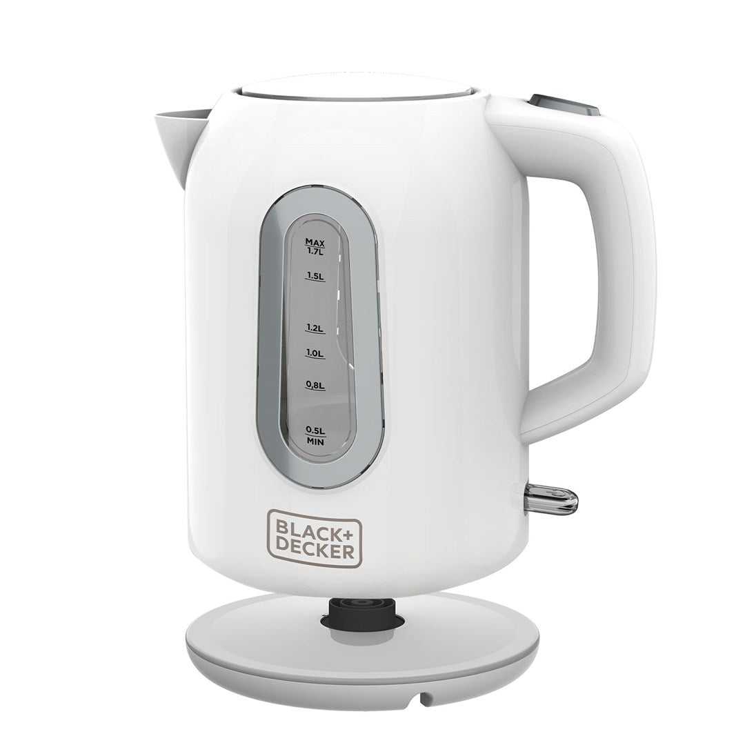 Biały czajnik elektryczny z przezroczystym wskaźnikiem poziomu wody. Logo Black+Decker.