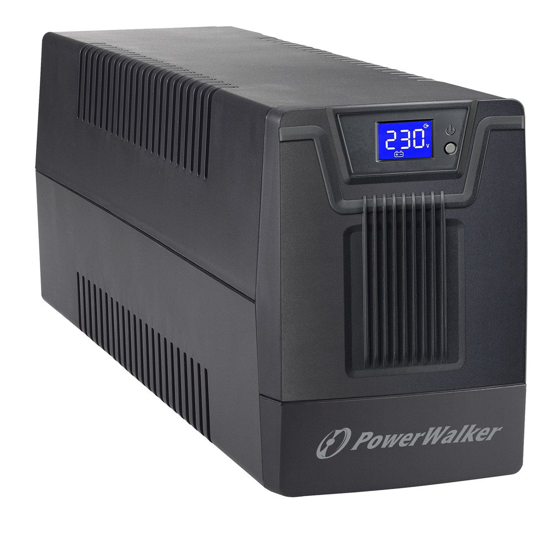 Schwarzer PowerWalker USV mit blauem Display, das 230V anzeigt.