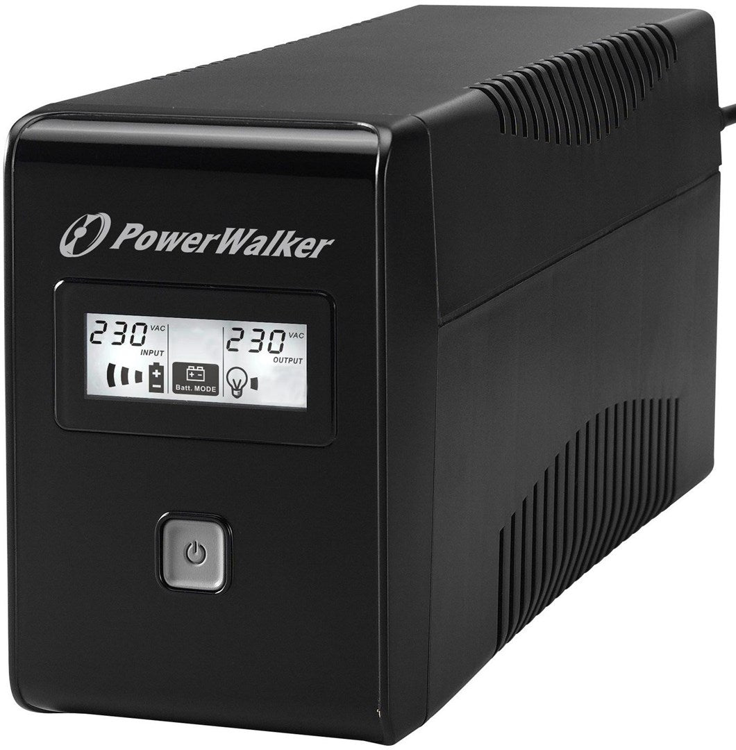 Schwarzer Power Walker USV mit Digitalanzeige, zeigt 230V Ein- und Ausgang an.