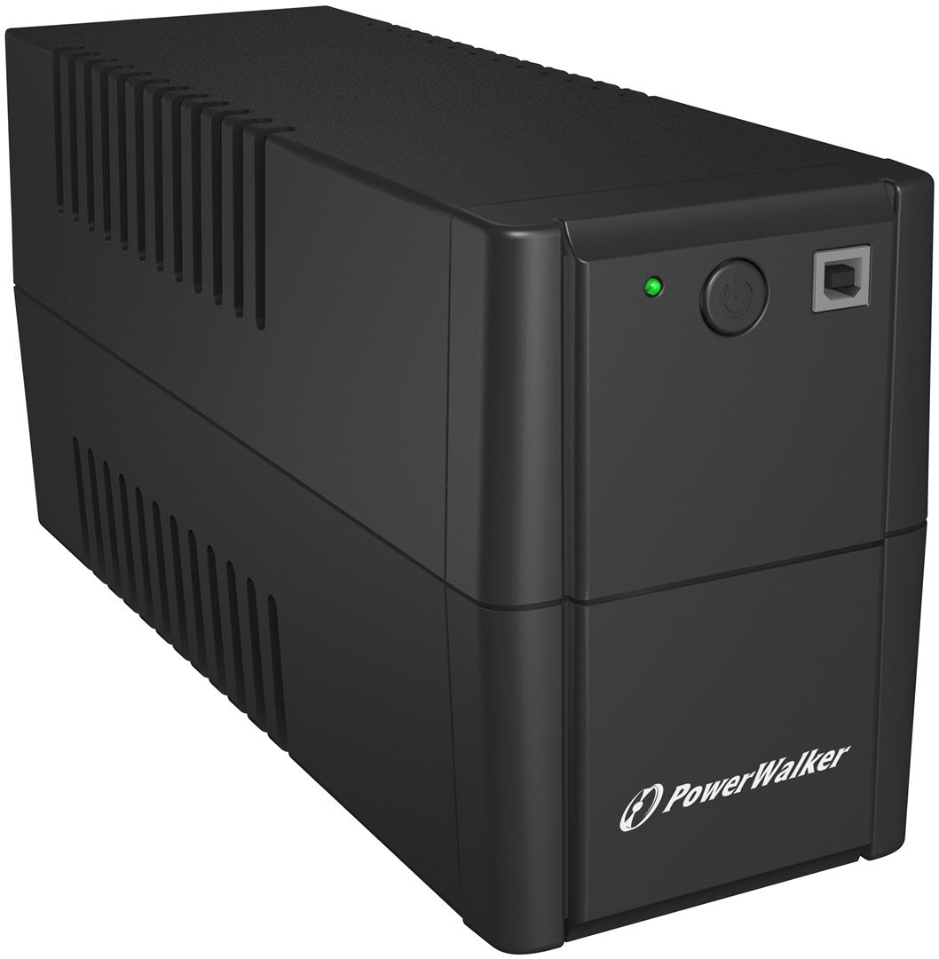 Schwarzer PowerWalker USV mit grüner Leuchte und Power-Knopf vorne.