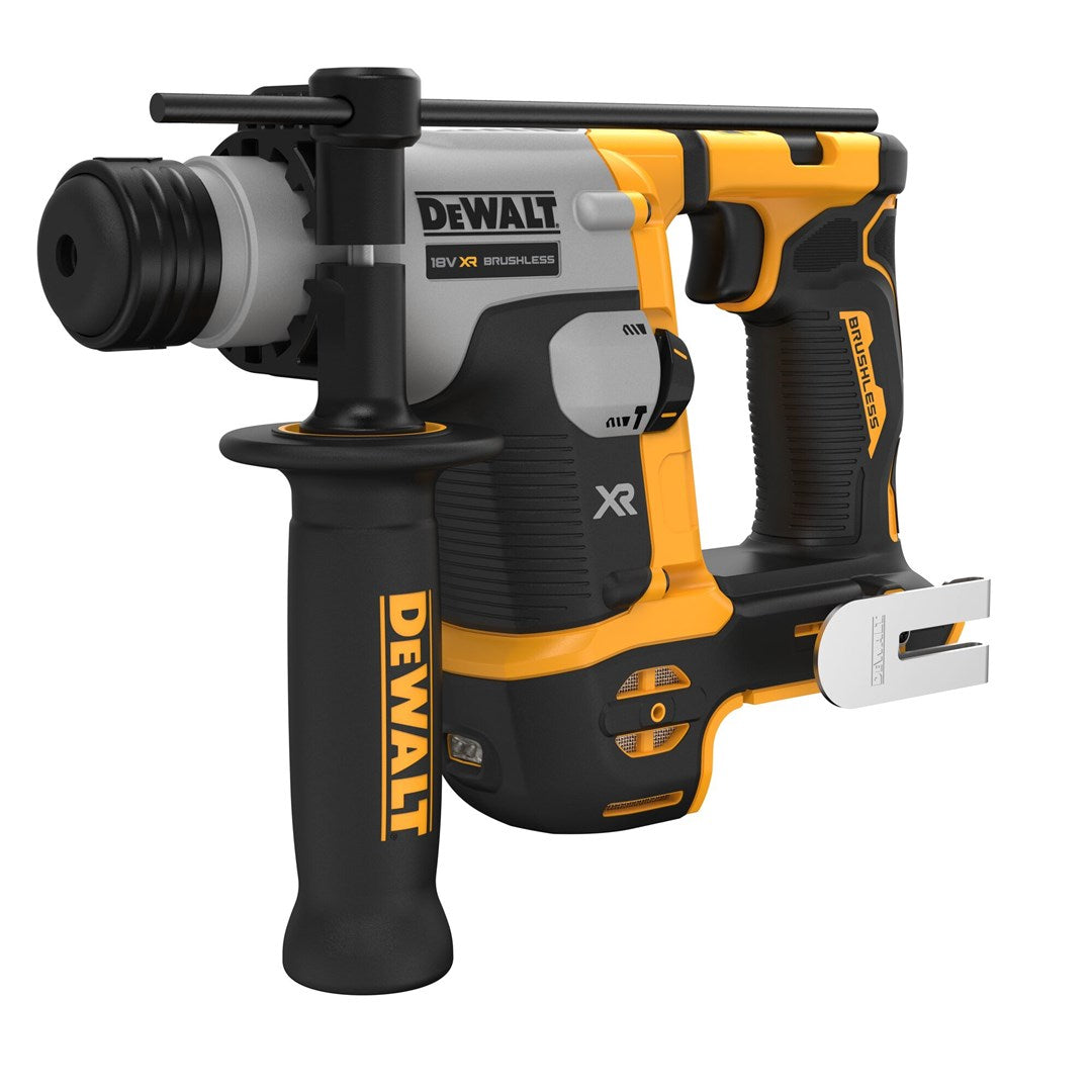 Ein gelber und schwarzer DeWalt Bohrhammer mit silbernen Akzenten.