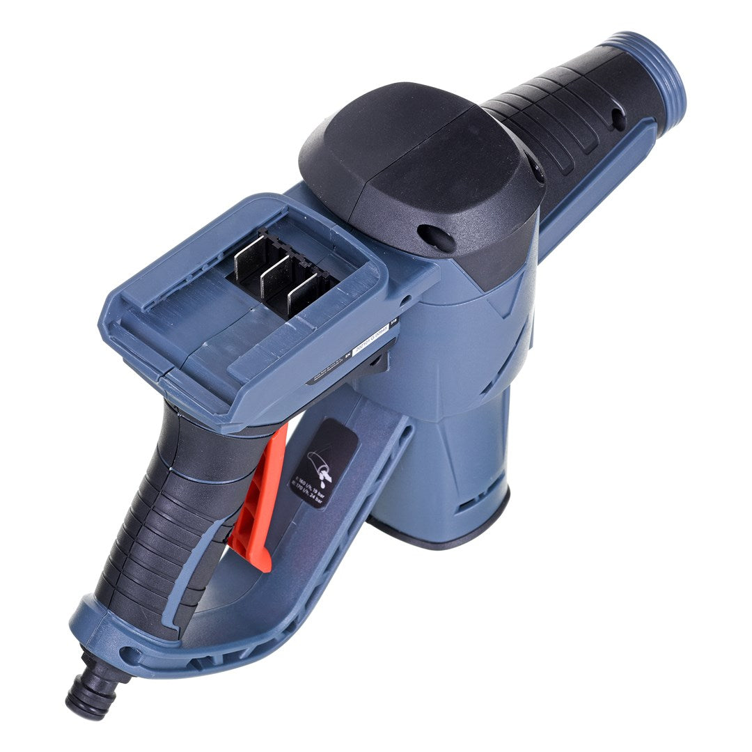 Idropulitrice portatile grigia con manico nero e grilletto arancione.