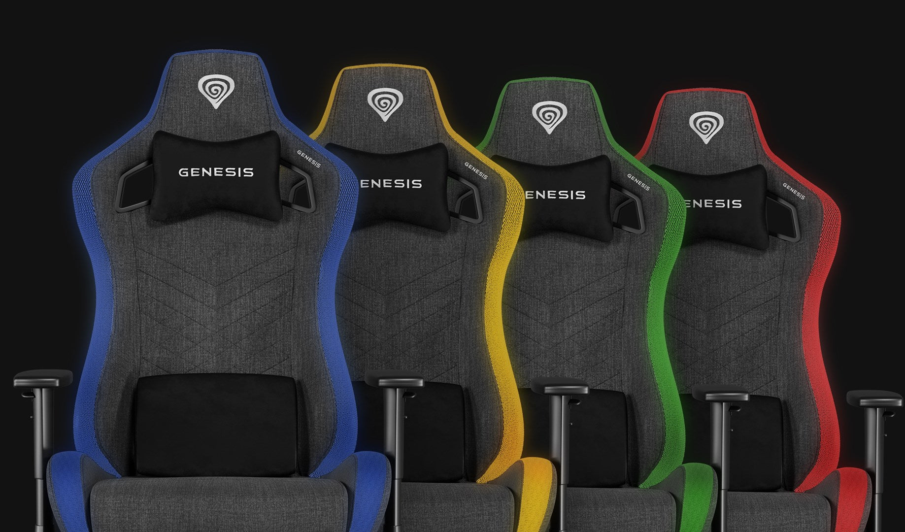 Vier Gaming-Stühle in Grau mit blauen, gelben, grünen und roten Akzenten.