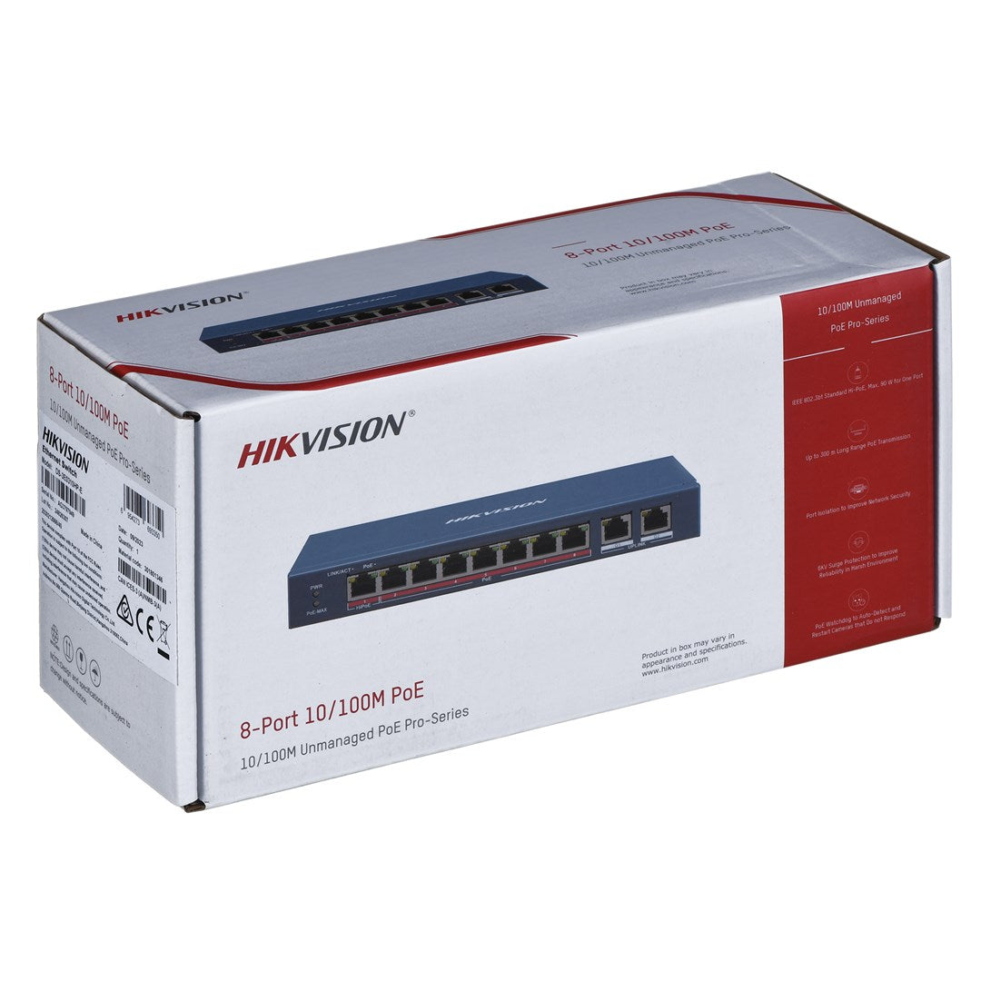 Scatola switch Hikvision PoE 8 porte 10/100M con informazioni dettagliate.