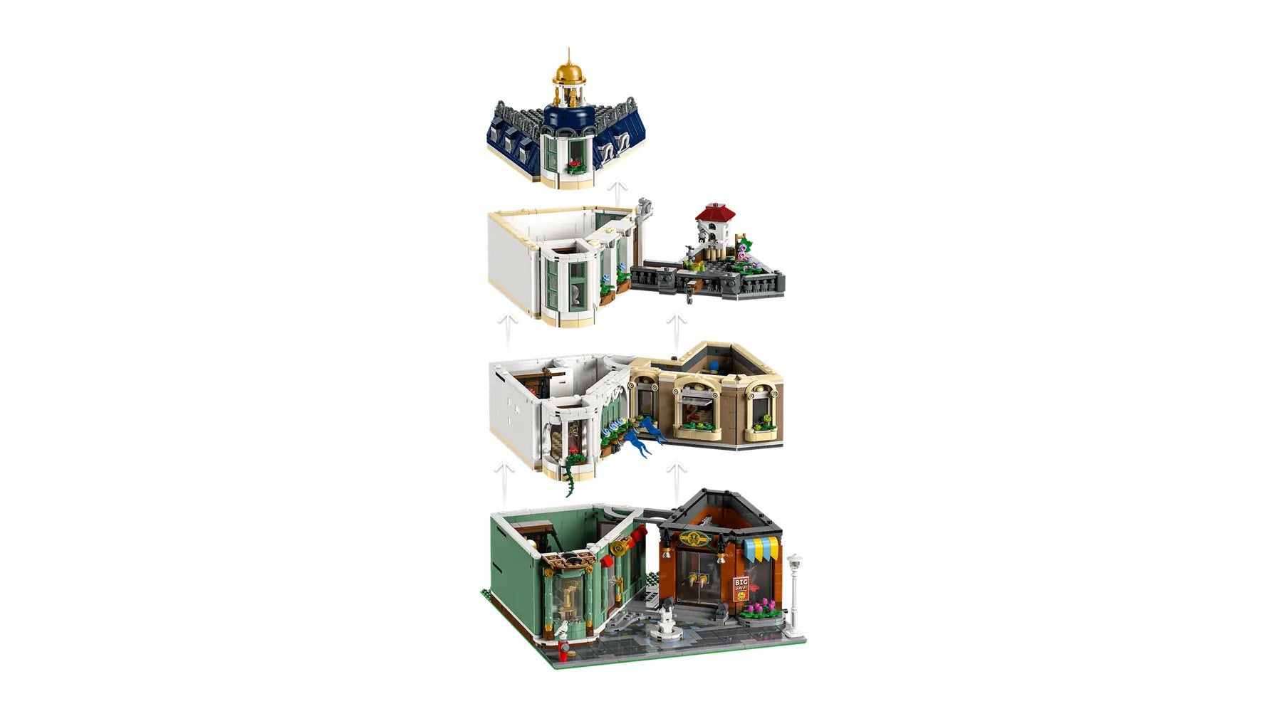 Dört Lego yapı bölümü dikey olarak istiflenmiş: mavi çatı bölümü, bahçeli beyaz bina, bej bina ve yeşil bina.