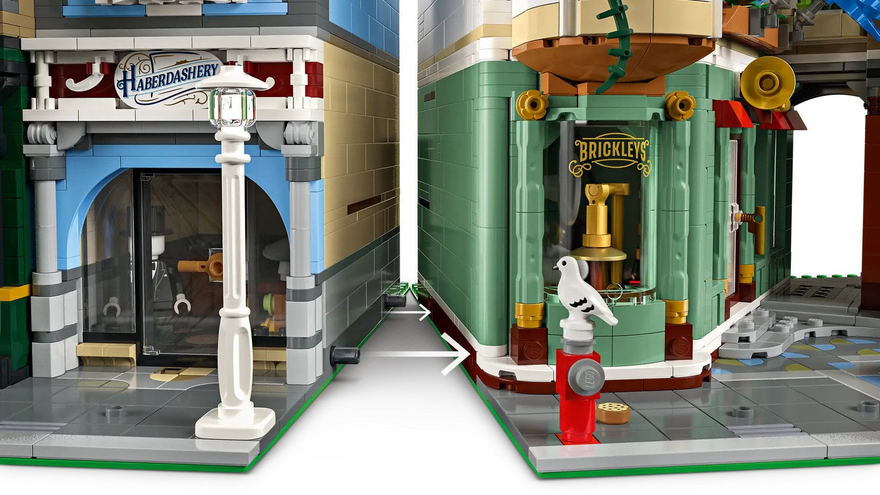 Bir Haberdashery ve Brickleys'in bulunduğu iki binanın yer aldığı Lego sokak manzarası.
